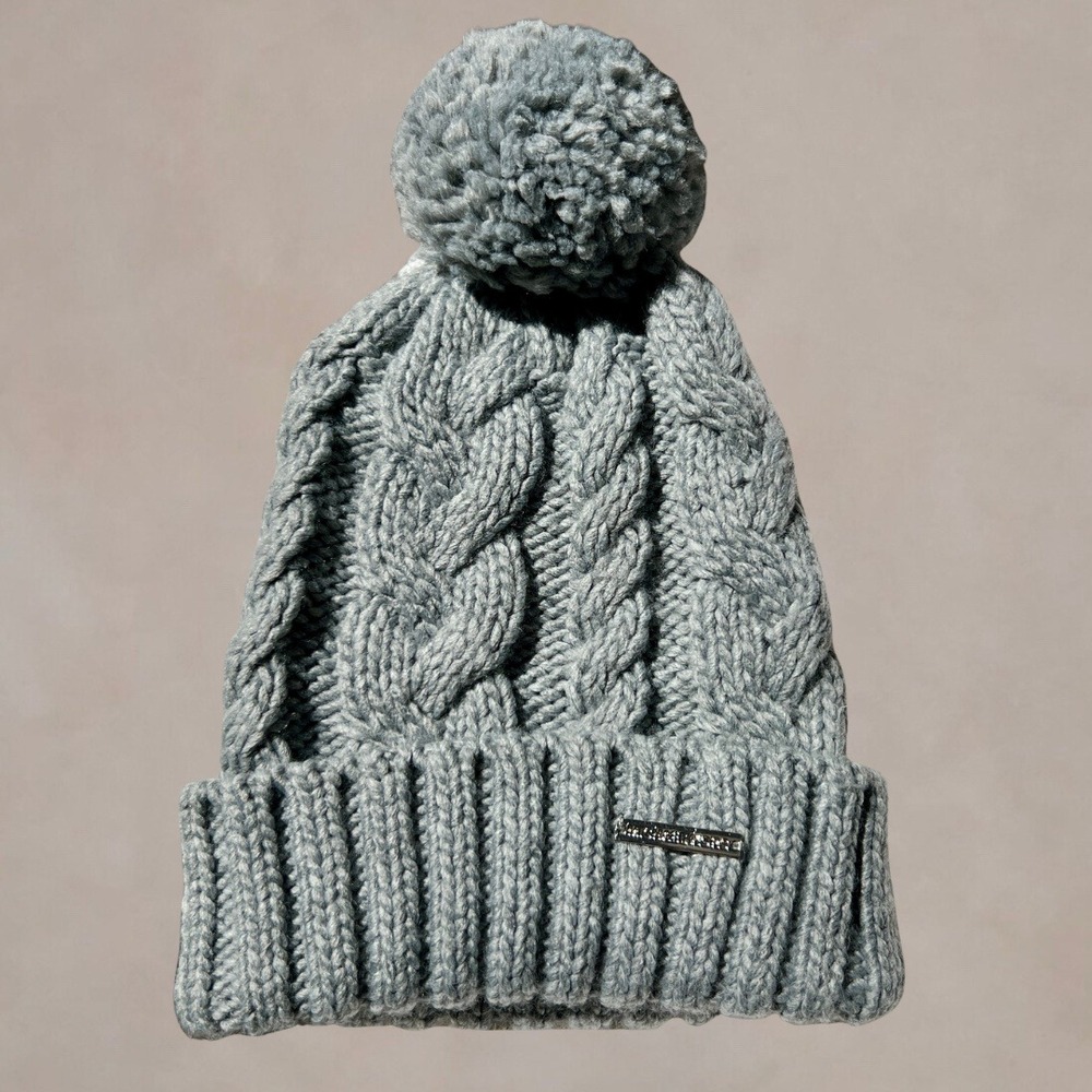 Michael Kors Gray Cable Knit Pom Pom Beanie Hat Silver Logo Plaque Womens
